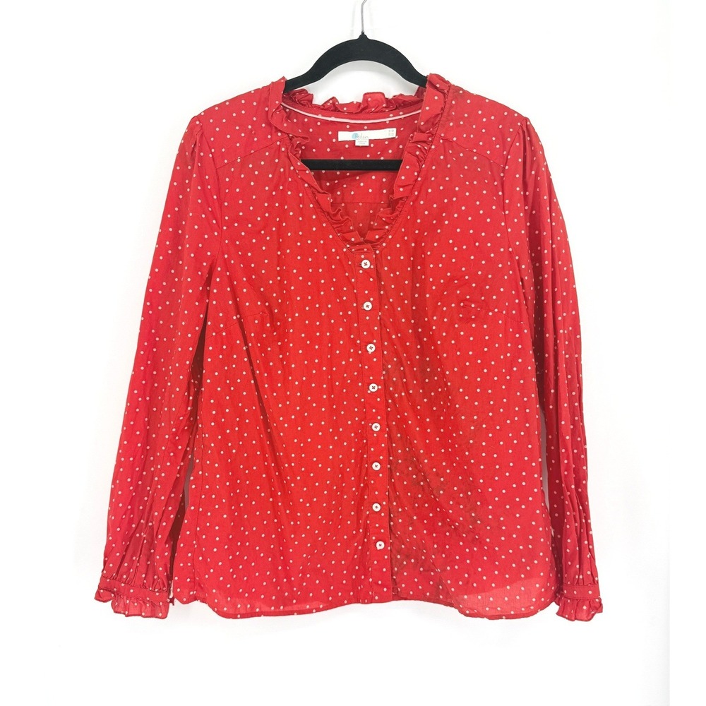 Boden Red Polka Dot Ruffle V-Neck Cotton Button Down Top 10 Twee Kidcore Bright